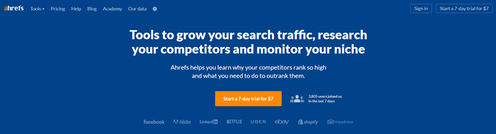 Ahrefs home page showing the $7 USD trial