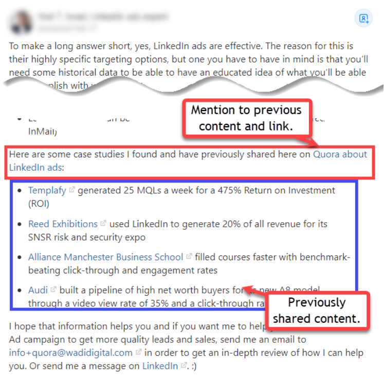 This image shows you how to link to content that has been previously shared on Quora